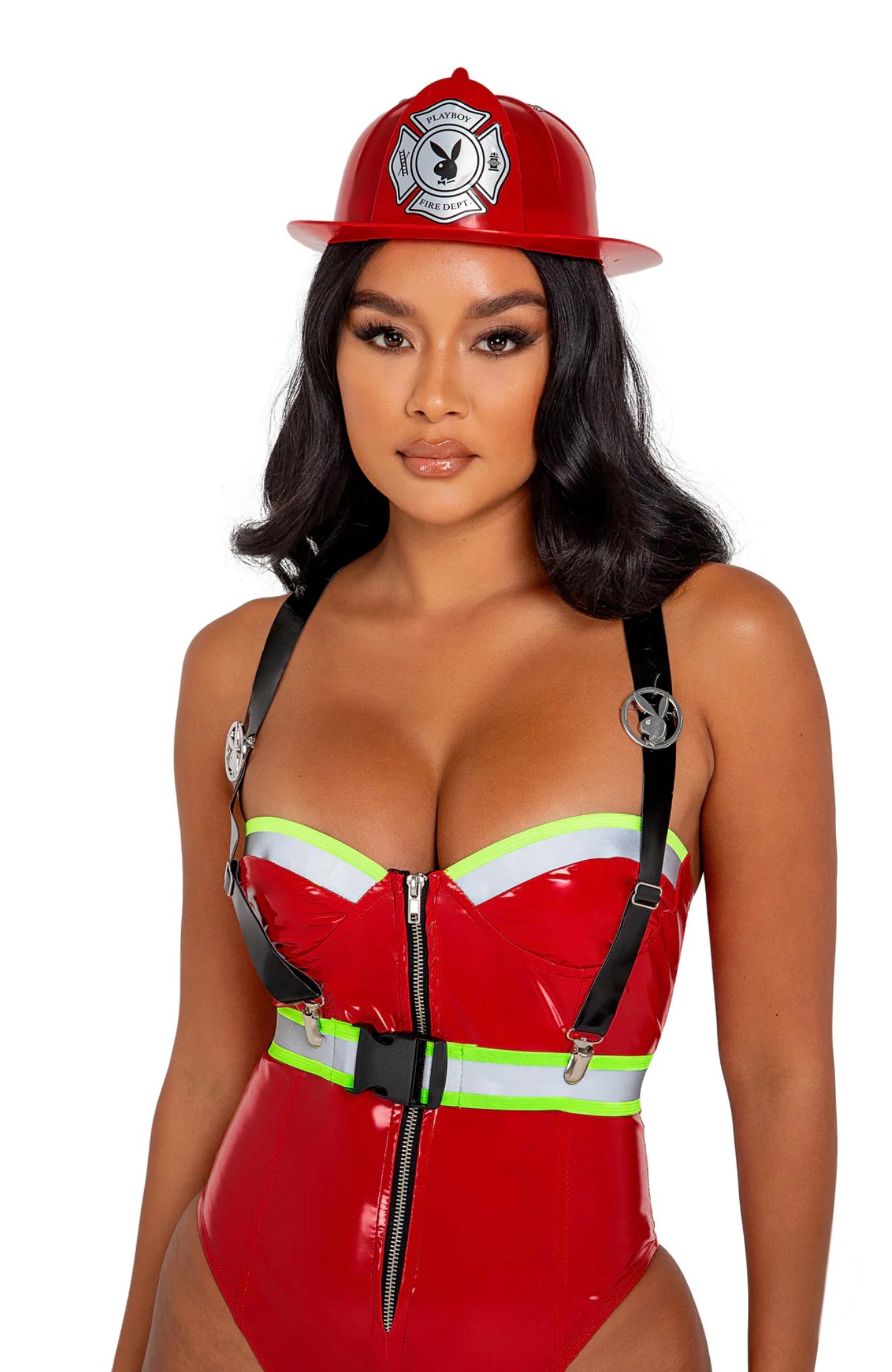 red vinyl firegirl costume with thigh high boots