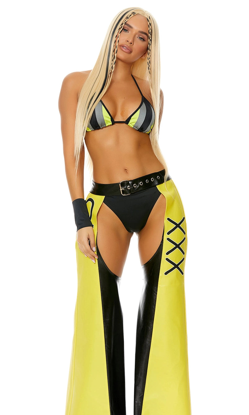 Sexy superstar costume with yellow & black chaps and striped halter top