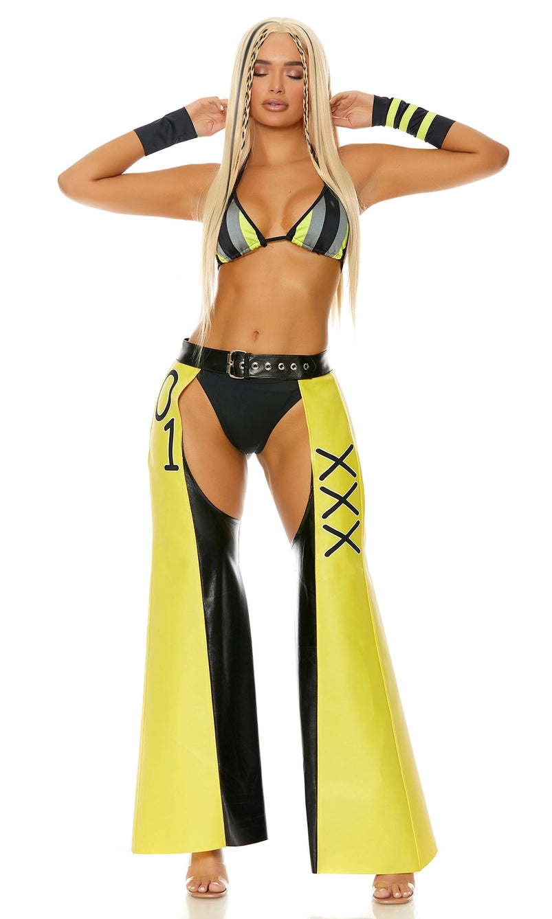 Sexy superstar costume, Woman in striped halter bra, “FILTHY” printed panty, yellow & black faux leather chaps, and wrist cuffs