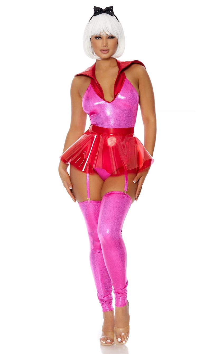 sexy futuristic cartoon-inspired Halloween costume with pink vinyl bodysuit