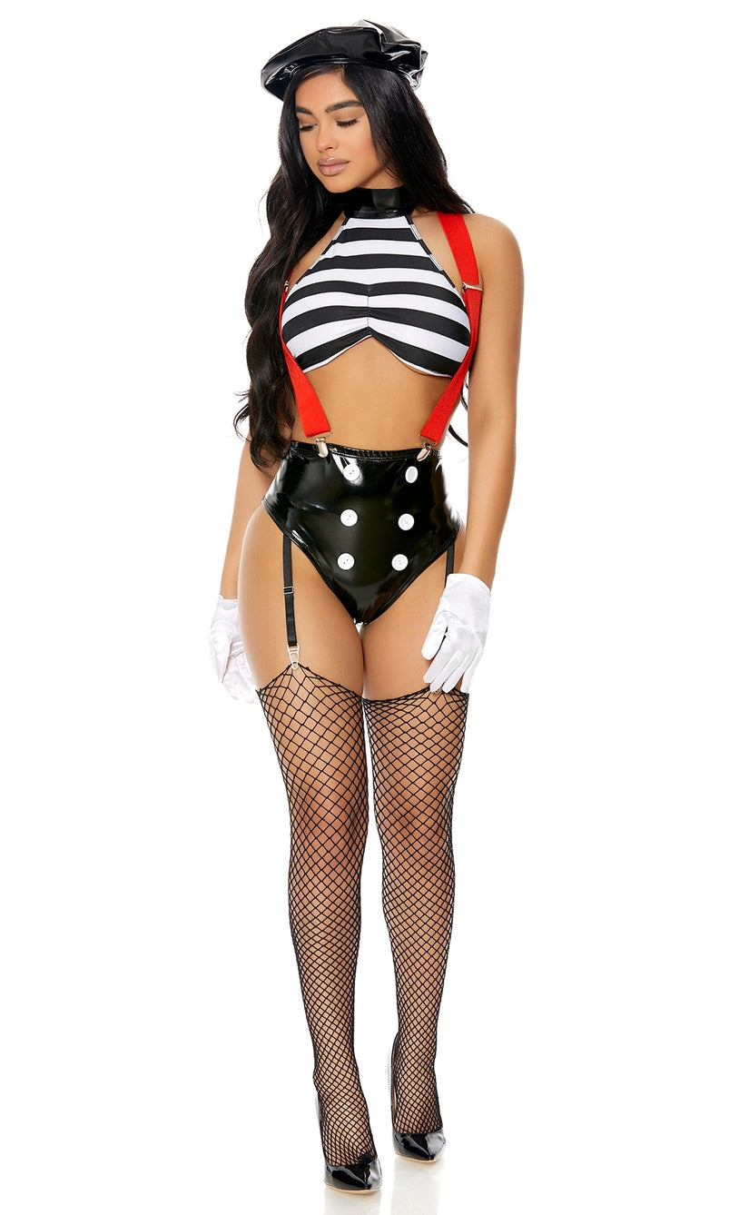 Model posing in mime costume with striped crop top, suspenders, and vinyl beret.