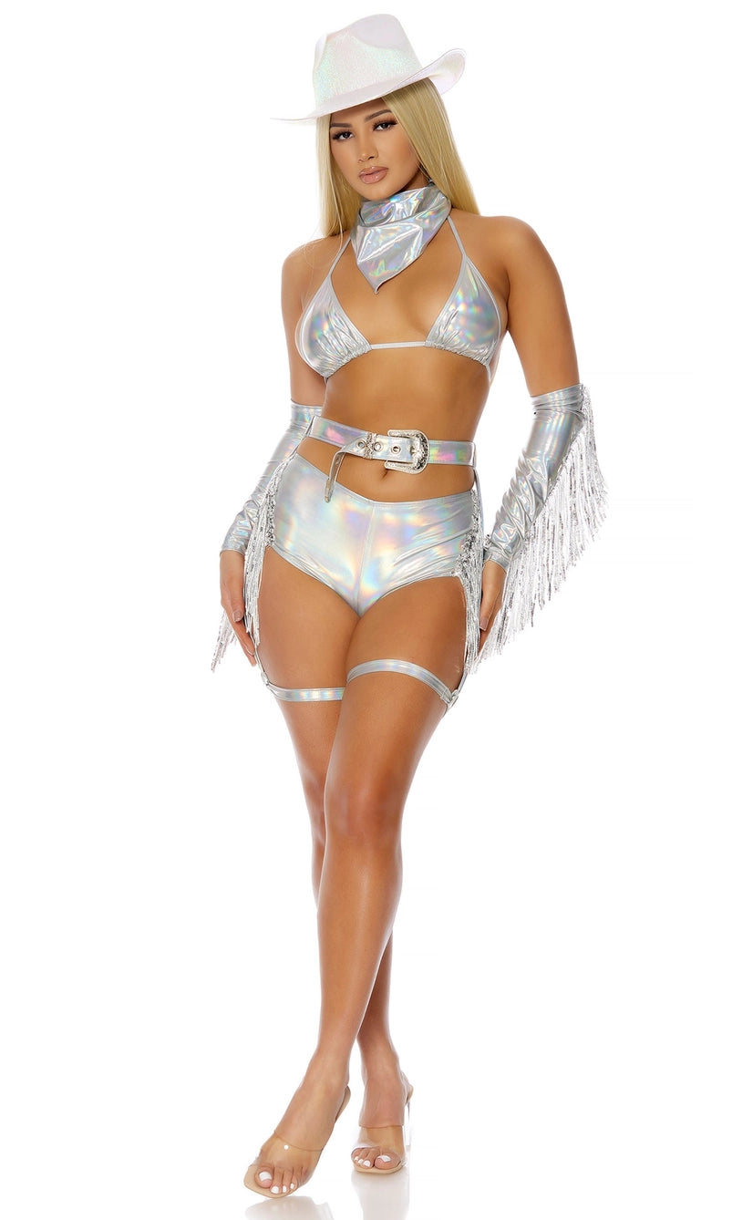 Full-body image of Galactic Cowgirl Costume featuring metallic shorts, belt, and bandana.