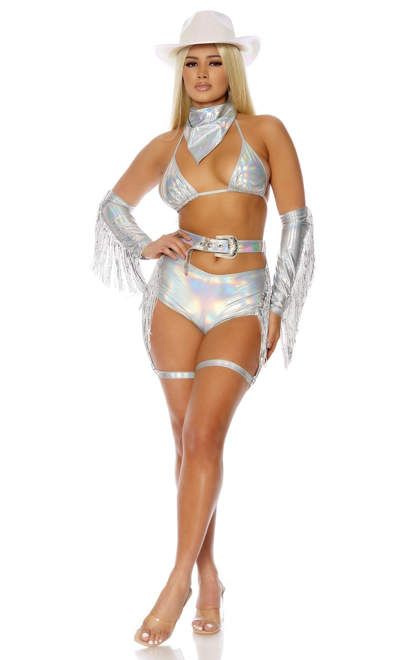 Model posing in shiny silver Galactic Cowgirl Costume with cowgirl hat and fringe gloves.