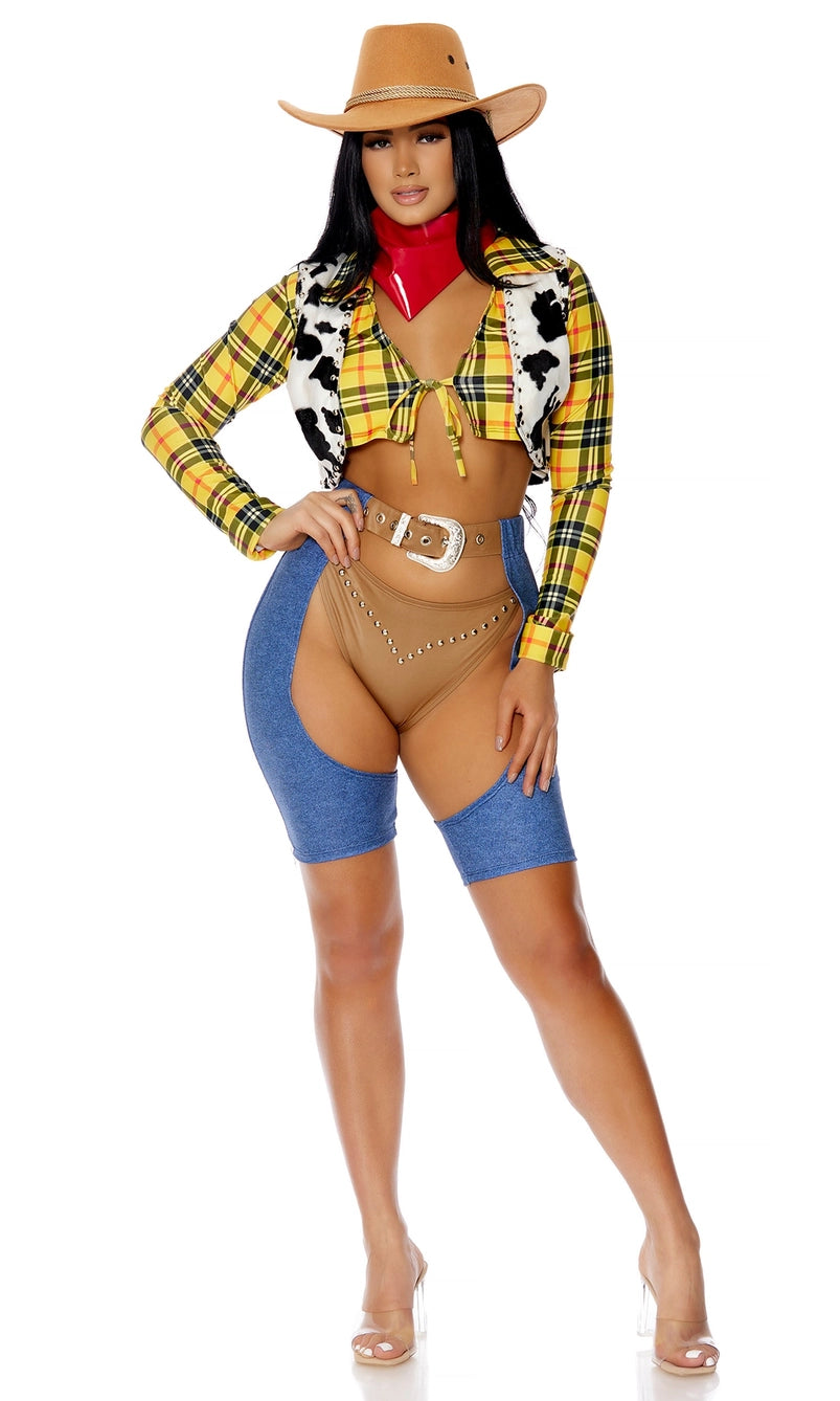 Close-up of Sexy Woody Costume top with plaid tie-front crop shirt and cow-print vest.
