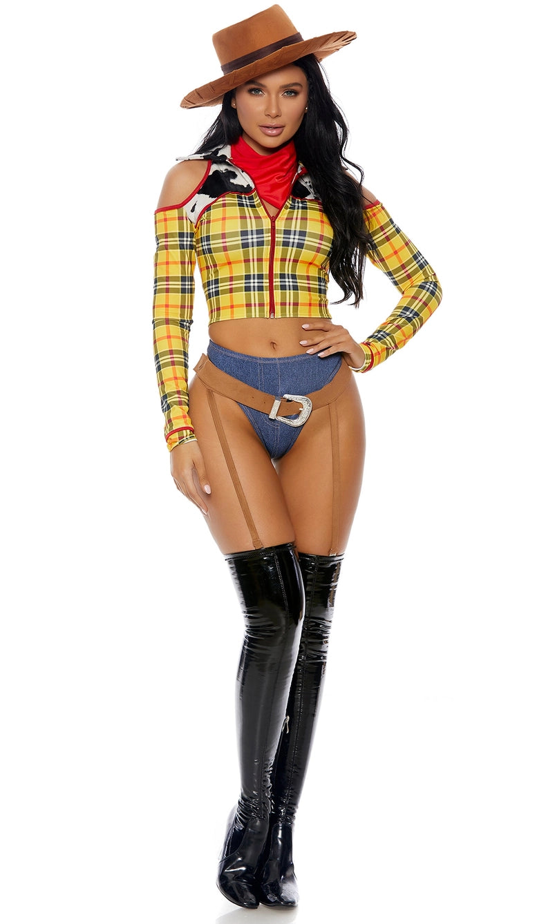 Full-body cowgirl sheriff costume with plaid crop top, denim panties, cowboy hat, red bandana, and thigh-high boots.