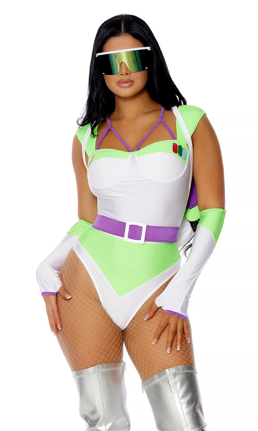 Sexy futuristic Buzz Lightyear-inspired costume in neon green, white, and purple with silver thigh-high boots