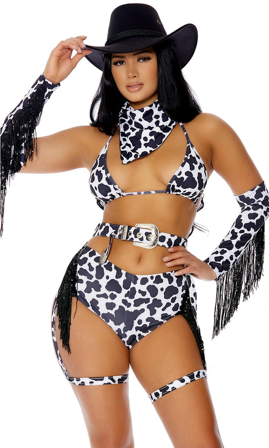 Model in Wild & Sexy Cowgirl Costume with cowprint top and black fringe accessories.