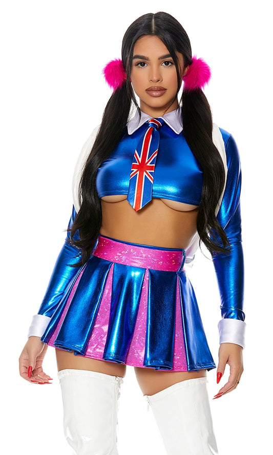 Model wearing British Bombshell Fantasy Costume with metallic blue crop top, pleated pink and blue skirt, and flag tie