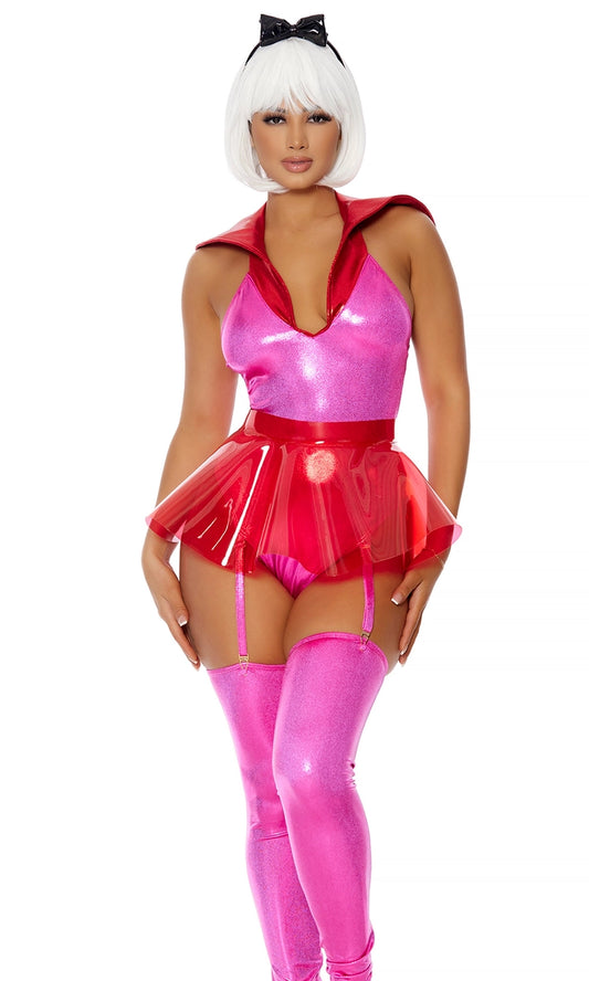 sexy pink cartoon space vixen costume with metallic bodysuit, red peplum skirt, thigh-high stockings, and white wig