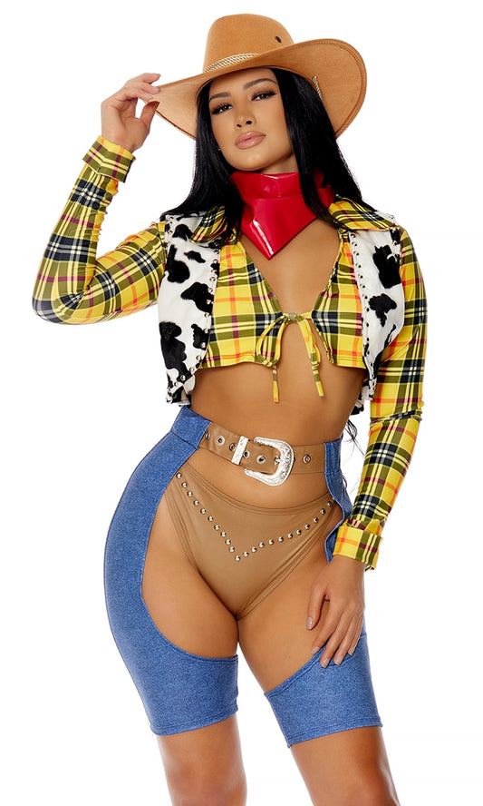 Model wearing Sexy Woody Costume with plaid crop top, cow-print vest, and denim-print chaps.